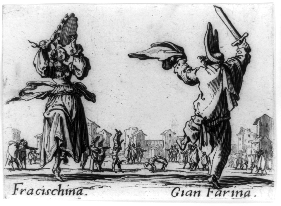 Fracischina with tamborine dancing with Gian Farina who is holding sword LCCN90707488
