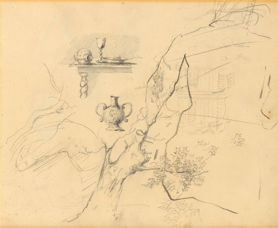 Fragment van een boom, stilleven op een barokke tafel, kruik en figuren (verso), James Ensor, Mu.ZEE Oostende, SM000687b
