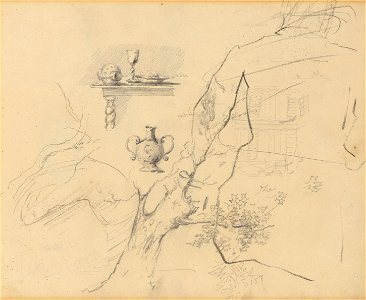 Fragment van een boom, stilleven op een barokke tafel, kruik en figuren (verso), James Ensor, Mu.ZEE Oostende, SM000687b
