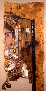 Fragmentary shroud featuring a portrait of a woman with ornate jewelry. Such shrouds were wrapped ar... - Google Art Project