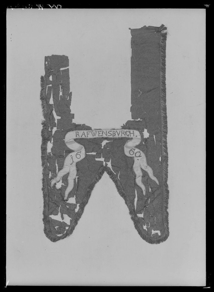 Fragment av begravningsbanér, Ravensburgs vapen, använt vid Karl X Gustavs begravningståg 1660 - Livrustkammaren - 27538