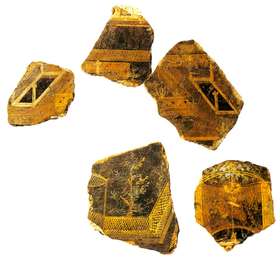 Frammenti di intonaco dipinto con horti conclusi, museo nazionale romano, collez. gorga