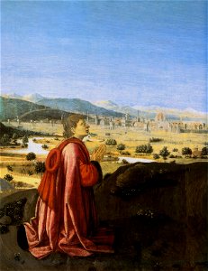 Francesco Botticini. Assumption of the Virgin. Detail - Matteo Palmieri and the city of Florence. 1475-76 London NG