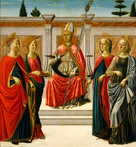 Francesco Botticini - St. Nicolas and Sts. Catherine, Lucy, Margaret and Apollonia - Google Art Project. Free illustration for personal and commercial use.