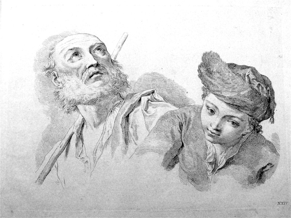 Francesco Bartolozzi - Plate 24 Bust of a bearded man supporting a staff on his shoulder and looking toward the top right, with the bust of a woman wearing a fur trimmed hat; in outline. 1760, 1860,1208.324