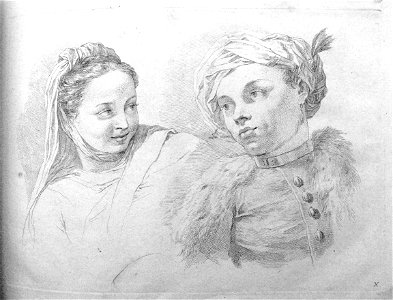 Francesco Bartolozzi - Plate 10 Bust of a woman wearing a veil headdress, she looks toward a young Turk, who is wearing a turban adorned with a feathered pin; in outline. 1760, 1860,1208.296