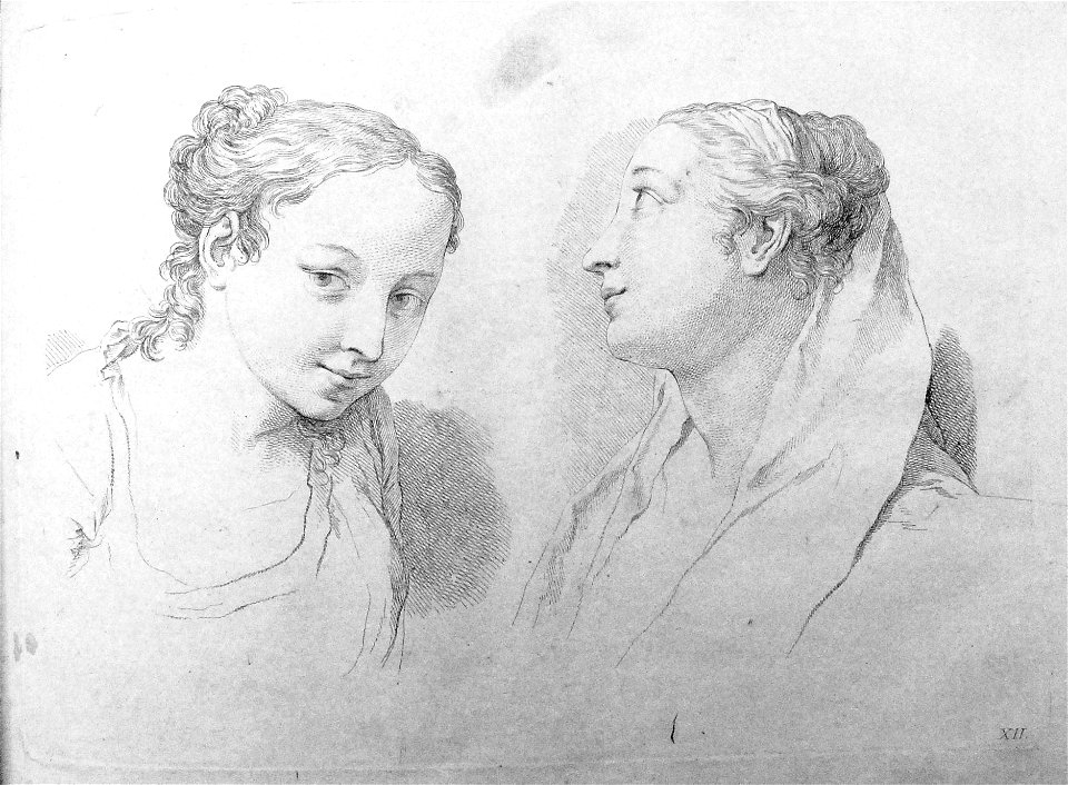Francesco Bartolozzi - Plate 12 Busts of two women, one seen in three-quarter view and looking at the viewer, the other seen in profile; in outline. 1760, 1860,1208.300