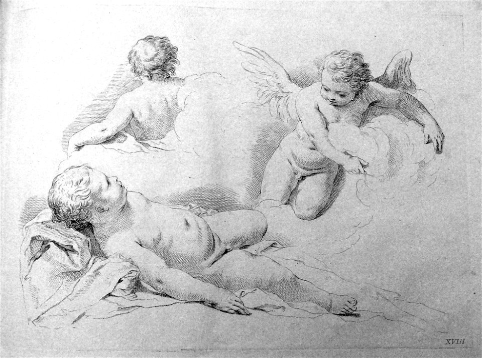 Francesco Bartolozzi - Plate 18 A child lying on his back on drapery, with two studies of putti above, one kneeling on a cloud, the other seen from behind; in outline. 1760, 1860,1208.312