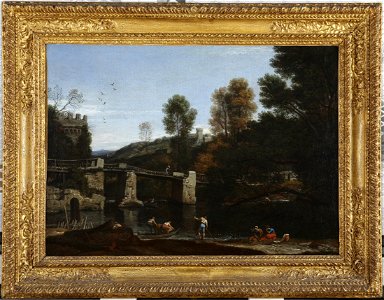 Francesco Cozza - A Bridge Flanked by a Tower in the Roman Campagna, with Fisherman and Maidens in the Foreground - 2018-240 - Princeton University Art Museum