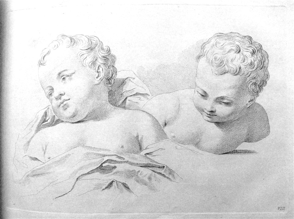 Francesco Bartolozzi - Plate 8 Busts of two children with bare shoulders, one wrapped in drapery with his head turned to the left, the other looking down; in outline. 1760, 1860,1208.292