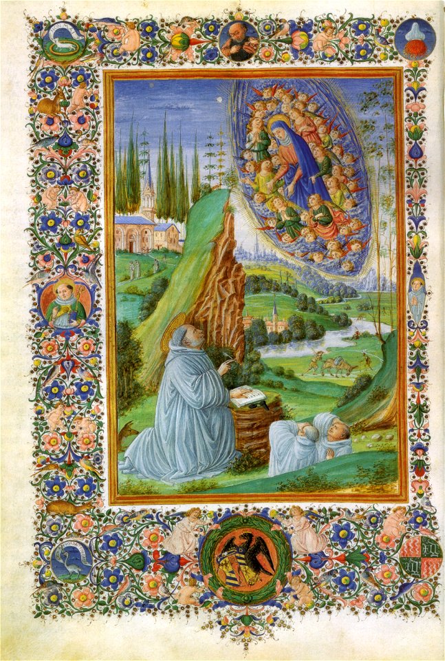 Francesco di antonio del chierico, visione di san bernardo in sermones in cantica canticorum di san bernardo e gilberto di hoyland, bibl ap vaticana, ms urb lat 93 f. 7v