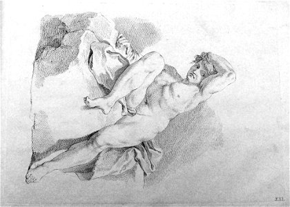 Francesco Bartolozzi - Plate 21 Academic study of a nude male seated on a rock, seen from the front, one leg bent, he runs his left hand through his hair; in outline. 1760, 1860,1208.318