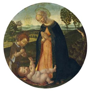 Francesco Botticini - Virgem com o Menino e São João Batista criança, c. 1487. Free illustration for personal and commercial use.