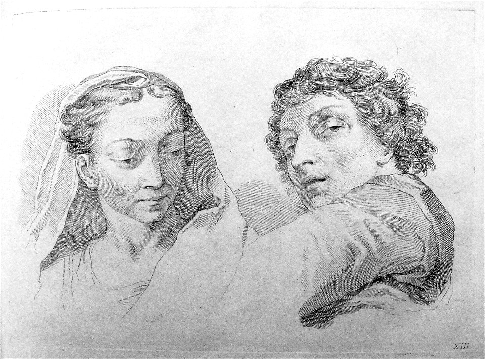 Francesco Bartolozzi - Plate 13 Busts of a woman wearing a veil and a man in three-quarter view looking over his arm at the viewer; in outline. 1760, 1860,1208.302