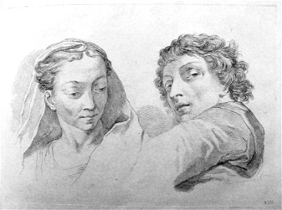 Francesco Bartolozzi - Plate 13 Busts of a woman wearing a veil and a man in three-quarter view looking over his arm at the viewer; in outline. 1760, 1860,1208.302