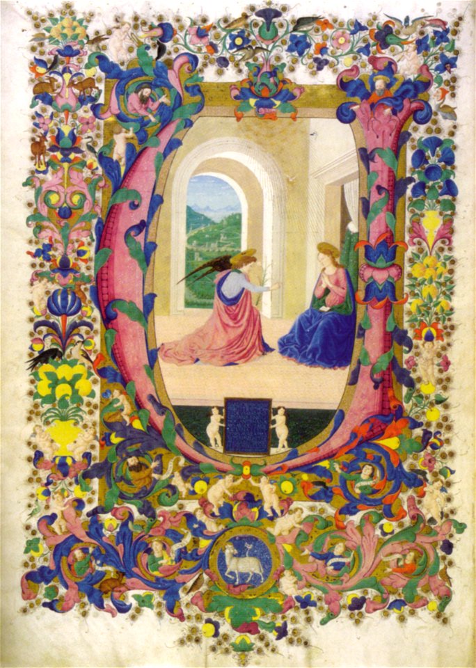 Francesco di antonio del chierico, annunciazione, graduale edili 151, f 1v., biblioteca medicea laurenziana