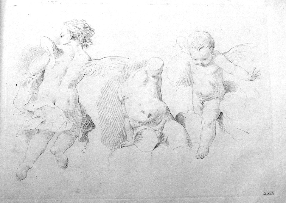Francesco Bartolozzi - Plate 23 Three studies of children; a flying putto seen from behind, a torso, and a putto walking through a cloud; in outline. 1760, 1860,1208.322