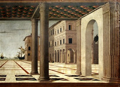 Francesco di giorgio martini (attr.), veduta architettonica ideale, 1490-1500 ca. 03