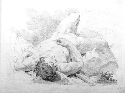 Francesco Bartolozzi - Plate 17 Academic study of a young nude male, lying on his back with his arm draped across his chest; in outline. 1760, 1860,1208.310