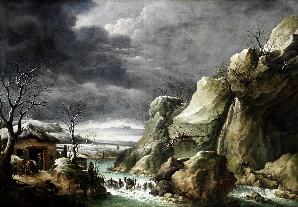 Francesco Foschi - Travellers approaching a barn in a winter landscape, under a stormy sky