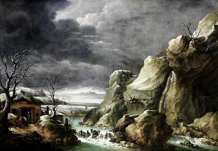 Francesco Foschi - Travellers approaching a barn in a winter landscape, under a stormy sky