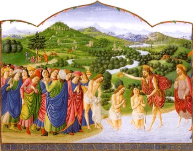 Francesco di antonio del chierico, san giovanni battista battezza le folle, bibl apostolica vaticana, bibbia ms. urb lat. 2 f 215r
