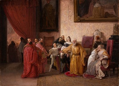 Francesco Hayez Il Doge Francesco Foscari obbligato dai tre capi del Consiglio dei Dieci a rinunciare al dogato, 1838