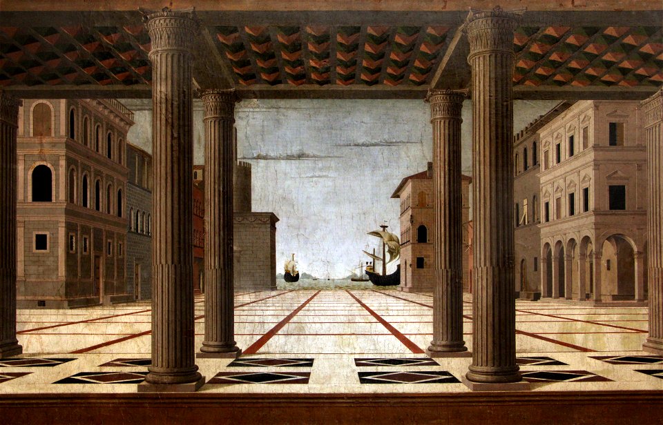 Francesco di giorgio martini (attr.), veduta architettonica ideale, 1490-1500 ca. 02