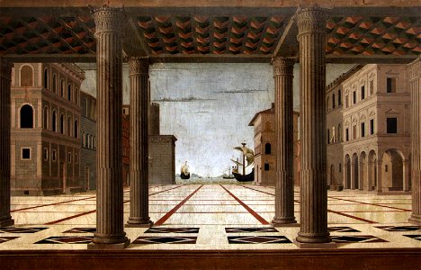 Francesco di giorgio martini (attr.), veduta architettonica ideale, 1490-1500 ca. 02