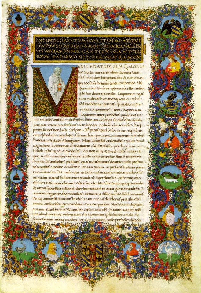 Francesco rosselli e maestro dell'iliade medicea, san bernardo e gilberto di hoyland, sermones in canticorum ms. urb lat 93 f 8r