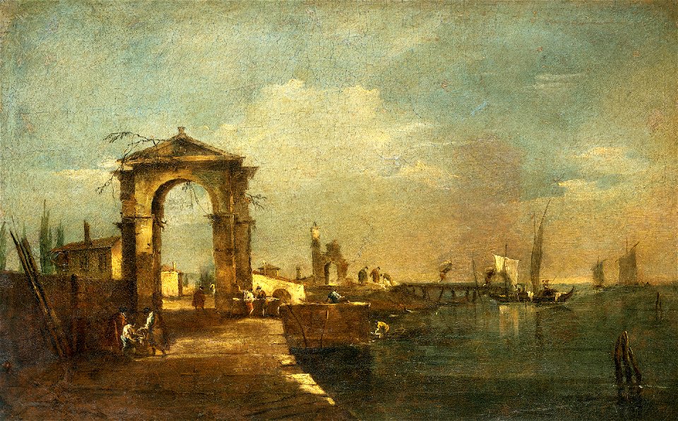 Francesco Guardi - Landschap met een kade en schepen op een meer