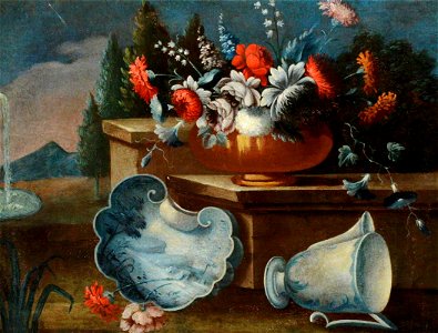 Francesco Lavagna (active 17th C-18th C) - Still Life of Flowers in a Metal Bowl on a Plinth in a Garden, with a Porcelain Jug and Dish - 1548264 - National Trust
