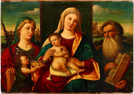 Francesco Rizzo da Santacroce Madonna with Child and Saints John Mark and Catherine. Free illustration for personal and commercial use.
