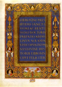 Francesco rosselli e bottega, bibbia ms urb lat 1 f 1v incipit, biblioteca ap vaticana