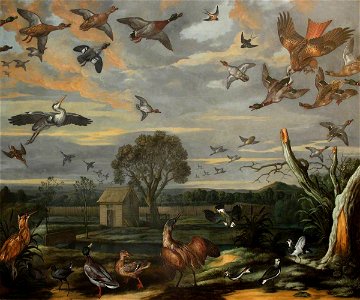 Francis Barlow (1626-1704) - Landscape with Birds and a Duck Decoy - 1441517 - National Trust