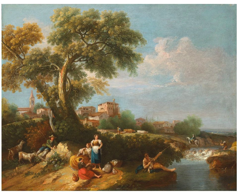 Francesco zuccarelli wooded landscape with a fisherman on a bank and w061022)
