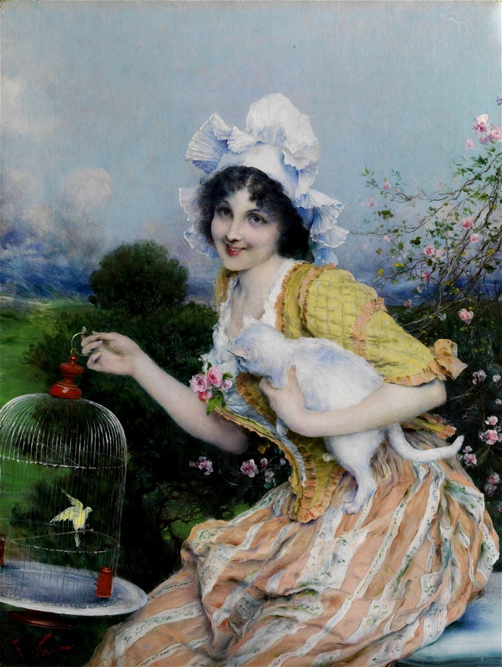 Francesco Vinea Mädchen mit Katze und Vogelkäfig