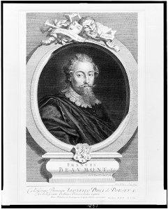 Francis Beaumont, English dramatist, head-and-shoulders portrait, wearing lace collar and cloak, facing slightly right, in ornamental oval) - Geo. Vertue sculp LCCN96506534