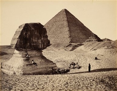 Francis Bedford - The Sphinx, the Great Pyramid and two lesser Pyramids, Ghizeh, Egypt - Google Art Project. Free illustration for personal and commercial use.