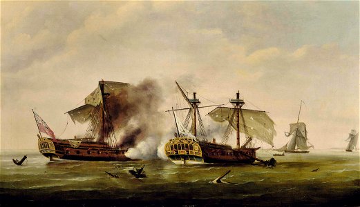 Francis Holman - H.M.S. Quebec ablaze at the end of her epic struggle with the French frigate Surveillante, 6 October 1779 CSK 2016
