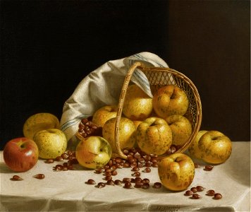 John F. Francis - Still Life, yellow apples and chestnuts spilling from a basket. Free illustration for personal and commercial use.