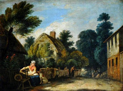 Francis Wheatley (1747-1801) (style of) - A Woman Spinning in a Farmyard Setting - 290262 - National Trust
