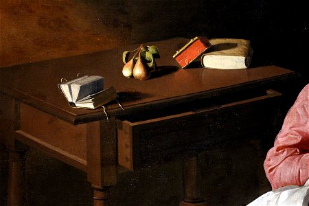 Francisco de zurbaran, cristo e la vergine nella casa di nazareth, 1640 ca. 03 tavolo con pere e libri