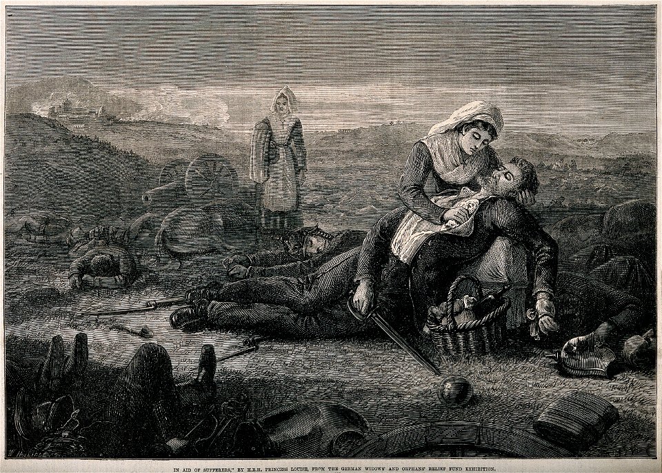 Franco-Prussian War; two nurses treating a soldier on the battlefield. Wellcome V0015475