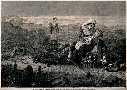 Franco-Prussian War; two nurses treating a soldier on the battlefield. Wellcome V0015475. Free illustration for personal and commercial use.