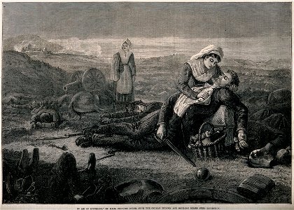 Franco-Prussian War; two nurses treating a soldier on the battlefield. Wellcome V0015475