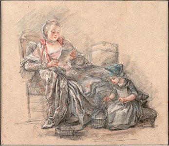 Francois Guérin - Woman Reading and a Girl Playing (presumably the Marquise de Pompadour with her daughter Alexandrine), 1748 - Google Art Project