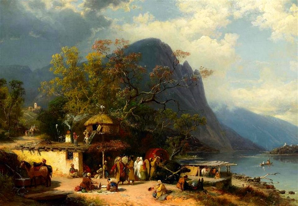 Paul von Franken - Im Kaukasus. Rastende vor einem Wirtshaus am Fluss (1876)