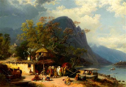 Paul von Franken - Im Kaukasus. Rastende vor einem Wirtshaus am Fluss (1876)