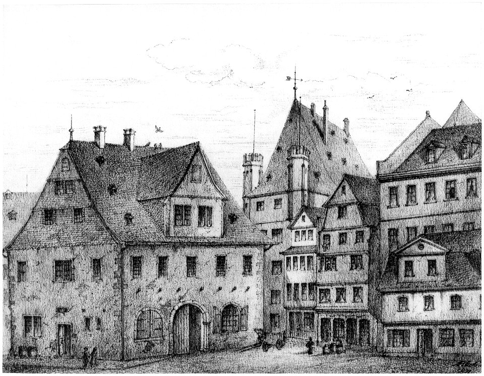 Frankfurt Am Main-Adolf Koch-AFFMVANDNGUB-004-Mehlwaage und Fuersteneck in der Fahrgasse 1440